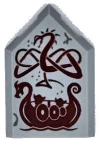 LEGO part Tile, Modified 2 x 3 Pentagonal with Dark Red Dragon and Viking Ship Pattern 22385pb313