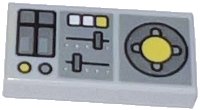 LEGO part Tile 1 x 2 with Vehicle Control Panel, Silver Sliders, Yellow Buttons, Dark Bluish Gray Panels Pattern 3069pb0847
