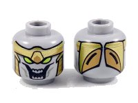 LEGO part Minifigure, Head Alien with Gold Armor, Lime Eyes, Large Open Mouth with 8 Teeth Pattern - Hollow Stud 3626pb2352