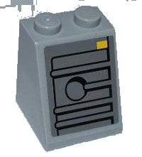 LEGO part Slope 65 2 x 2 x 2 with Bottom Tube with Ridges, Hole, and Yellow Rectangle Pattern (Sticker) - Set 7965 3678bpb055