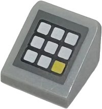 LEGO part Slope 30 1 x 1 x 2/3 with Keypad with White and Yellow Buttons on Dark Bluish Gray Background Pattern 54200pb106