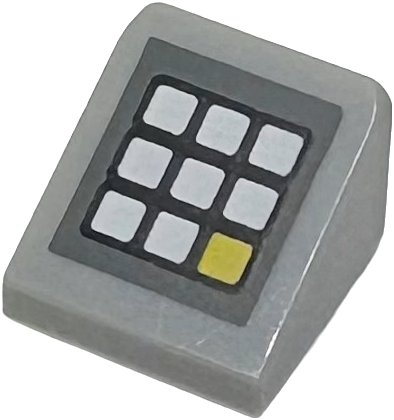 LEGO onderdeel Slope 30 1 x 1 x 2/3 with Keypad with White and Yellow Buttons on Dark Bluish Gray Background Pattern (54200pb106)