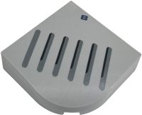 LEGO part Brick, Round Corner 4 x 4 x 1 Curved Top with Dark Blue Capital Letter B and Dark Bluish Gray and Black Speaker Vents Pattern 7435pb01