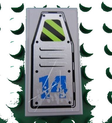 LEGO part Tile 2 x 4 with Vent Panel Scratched with Danger Stripes and Blue '14' Pattern (Sticker) - Set 8189 (87079pb0042)