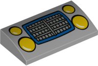 LEGO part Slope, Curved 2 x 4 x 2/3 with Bottom Tubes with Yellow Car Headlights and Silver Grille with Blue Border Pattern 88930pb149