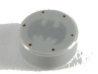 LEGO part Tile, Round 1 x 1 with Silver Bat Batman Logo and 6 Reddish Brown Rivets Pattern 98138pb111