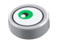 LEGO part Tile, Round 1 x 1 with White Eye with Off-Center Green Iris Pattern 98138pb140