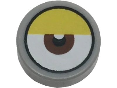 LEGO part Tile, Round 1 x 1 with White Eye with Centered Reddish Brown Iris and Partially Closed Yellow Eyelid Pattern (98138pb411)