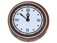 LEGO part Tile, Round 2 x 2 with Bottom Stud Holder with Clock with Roman Numerals Simple Pattern 14769pb133