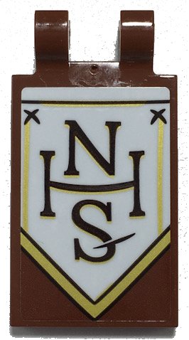 LEGO onderdeel Tile, Modified 2 x 3 with 2 Open O Clips with Black and Gold 'NHS' on White Banner Pattern Model Left Side (Sticker) - Set 70425 (30350bpb134l)