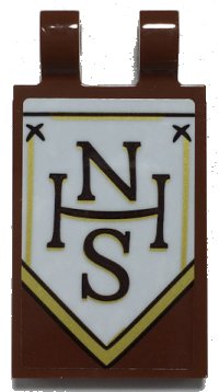 LEGO part Tile, Modified 2 x 3 with 2 Open O Clips with Black and Gold 'NHS' on White Banner Pattern Model Right Side (Sticker) - Set 70425 30350bpb134r