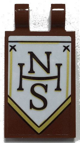 LEGO part Tile, Modified 2 x 3 with 2 Open O Clips with Black and Gold 'NHS' on White Banner Pattern Model Right Side (Sticker) - Set 70425 (30350bpb134r)
