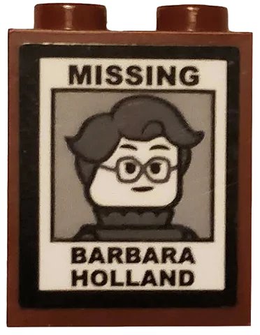 LEGO onderdeel Brick 1 x 2 x 2 with Inside Stud Holder with 'MISSING', Woman Minifigure with Glasses, and 'BARBARA HOLLAND' Pattern (Sticker) - Set 75810 (3245cpb109)