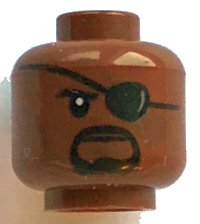 LEGO part Minifigure, Head Black Eyebrow, Eye Patch with Reflection, and Goatee, Dark Brown Cheek Lines, Chin Dimple, and Scars, Stern Pattern (Nick Fury) - Hollow Stud 3626pb2457