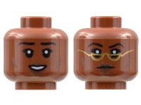 LEGO onderdeel Minifigure, Head Dual Sided Female, Black Eyebrows, Dark Brown Cheek Lines and Lips, Open Smile / Neutral with Gold Glasses Pattern - Hollow Stud 3626pb2837