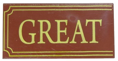 LEGO onderdeel Tile 2 x 4 with Yellow 'GREAT' and Fancy Outline Pattern (87079pb0004)