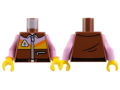 LEGO part Torso Jacket, White Zipper, Bright Pink and Bright Light Orange Panel with Orange Diagonal Stripe Pattern / Bright Pink Arms / Yellow Hands (973pb5016c01)