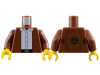 LEGO onderdeel Torso Jacket Open with Dark Brown Rivets over White Shirt with Buttons, Black Belt with Silver Buckle, Hinged Panel on Back Pattern / Reddish Brown Arms / Yellow Hands 973pb5645c01