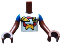 LEGO onderdeel Torso Mini Doll Boy White Shirt with Red Curved Arrows and Yellow 'ZZZ', Pizza, and Game Controller Pattern, Reddish Brown Arms with Hands with Blue Short Sleeves FTBpb086c01
