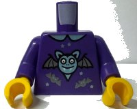 LEGO part Torso Shirt with Collar, Metallic Light Blue Large Bat with Grin and Dark Silver Wings, Small Bats and Stars Pattern (BAM) / Dark Purple Arms / Yellow Hands 973pb6375c01