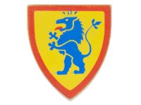 LEGO part Minifigure, Shield Triangular  with Blue Lion Standing on Yellow Background with Red Border Pattern 3846p4g