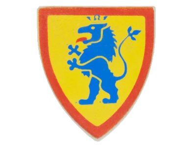 LEGO part Minifigure, Shield Triangular  with Blue Lion Standing on Yellow Background with Red Border Pattern (3846p4g)