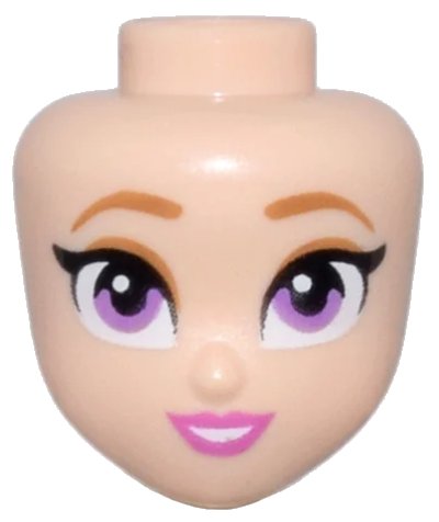 LEGO onderdeel Mini Doll, Head Friends with Medium Nougat Eyebrows and Eye Shadow, Medium Lavender Eyes, Dark Pink Lips and Open Mouth Smile with Teeth Pattern (101799)