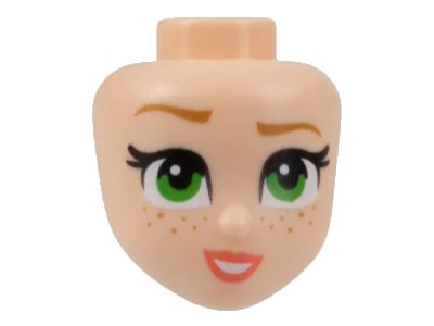 LEGO onderdeel Mini Doll, Head Friends with Medium Nougat Eyebrows and Freckles, Green Eyes, Coral Lips, and Open Mouth Smile with Teeth Pattern (101813)
