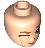 LEGO part Mini Doll, Head Friends with Dark Orange Eyebrows, Green Eyes, Right Wink, Nougat Lips and Freckles, Lopsided Grin Pattern 107097