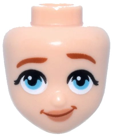 LEGO onderdeel Mini Doll, Head Friends with Dark Orange Eyebrows, Medium Azure Eyes, Nougat Lips, Lopsided Closed Mouth Smile Pattern (110408)