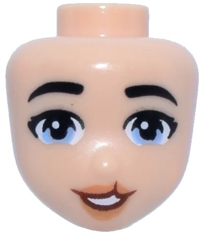 LEGO onderdeel Mini Doll, Head Friends with Black Eyebrows, Bright Light Blue Eyes, Nougat Lips and Reddish Brown Open Mouth Smile with Cleft Lip Pattern (113539)