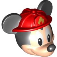 LEGO part Minifigure, Head, Modified Mouse with Black Ears and Nose and White Eyes and Red Fire Helmet with Gold Fire Logo Pattern (Mickey) 24629c01pb01