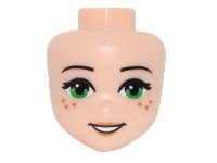 LEGO part Mini Doll, Head Friends with Green Eyes, Freckles, Medium Nougat Lips and Open Mouth Smile Pattern 24916