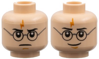 LEGO part Minifigure, Head Dual Sided HP Harry with Glasses and Lightning Bolt, Frown / Smile Pattern (3626pb0475)