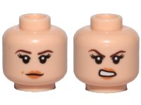 LEGO part Minifigure, Head Dual Sided Female Dark Brown Eyebrows, Black Eyelashes, Nougat Lips, Neutral with Dimple / Open Mouth Scowl with Teeth Pattern 3626pb1657