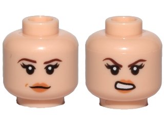 LEGO part Minifigure, Head Dual Sided Female Dark Brown Eyebrows, Black Eyelashes, Nougat Lips, Neutral with Dimple / Open Mouth Scowl with Teeth Pattern (3626pb1657)