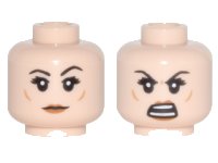 LEGO part Minifigure, Head Dual Sided Female Black Eyebrows, Eyelashes, Medium Nougat Cheek Dimples, Dark Orange Lips, Neutral / Open Mouth Angry with Teeth Parted Pattern 3626pb1780