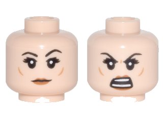 LEGO part Minifigure, Head Dual Sided Female Black Eyebrows, Eyelashes, Medium Nougat Cheek Dimples, Dark Orange Lips, Neutral / Open Mouth Angry with Teeth Parted Pattern (3626pb1780)