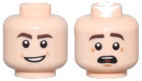 LEGO onderdeel Minifigure, Head Dual Sided Dark Brown Eyebrows, Open Mouth Smile / Scared with Top Teeth and Red Tongue Pattern 3626pb1794