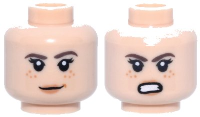 LEGO part Minifigure, Head Dual Sided Female PotC Reddish Brown Eyebrows, Nougat Freckles and Lips, Slight Smile / Bared Teeth Angry Pattern (3626pb1795)