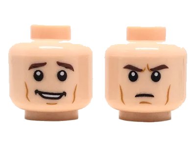 LEGO onderdeel Minifigure, Head Dual Sided Dark Brown Eyebrows, Cheek Lines, Open Smile/Frown Pattern (3626pb2067)