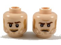 LEGO part Minifigure, Head Dual Sided Reddish Brown Eyebrows and Stubble, Medium Nougat Sideburns, Moustache, Cheek Lines, and Chin Dimple, Grin / Determined Pattern 3626pb2124