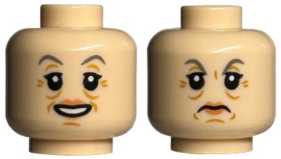 LEGO part Minifigure, Head Dual Sided Female Dark Bluish Gray Eyebrows, Nougat Lips, Medium Nougat Wrinkles, Smile / Frown Pattern (3626pb2163)
