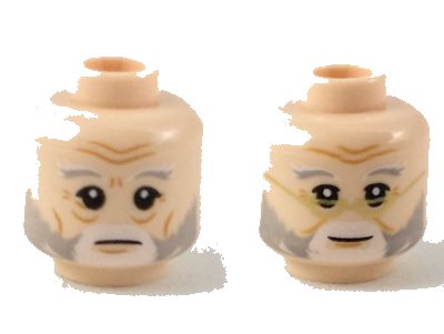 LEGO onderdeel Minifigure, Head Dual Sided Light Bluish Gray and White Eyebrow and Beard, Neutral / Slight Smile with Gold Glasses Pattern (3626pb2166)