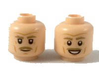 LEGO part Minifigure, Head Dual Sided Dark Tan Eyebrows and Moustache, Dark Orange Brow Furrow, Crow's Feet, Cheek Lines, Neutral / Smile Pattern - Hollow Stud 3626pb2230