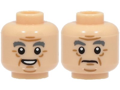 LEGO onderdeel Minifigure, Head Dual Sided Dark Bluish Gray Eyebrows, Medium Nougat Wrinkles and Chin Dimple, Open Mouth Smile / Frown Pattern - Hollow Stud (3626pb2259)