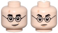 LEGO part Minifigure, Head Dual Sided Black Eyebrows and Glasses, Medium Nougat Lightning Scar and Chin Dimple, Grin / Stern Pattern - Hollow Stud 3626pb2413