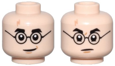 LEGO part Minifigure, Head Dual Sided Black Eyebrows and Glasses, Medium Nougat Lightning Scar and Chin Dimple, Grin / Stern Pattern - Hollow Stud (3626pb2413)