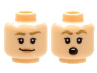 LEGO part Minifigure, Head Dual Sided Female, Dark Tan Eyebrows, Nougat Lips, Smile / Surprised Open Round Mouth with Top Teeth Pattern - Hollow Stud 3626pb2480