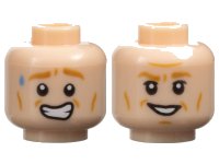 LEGO part Minifigure, Head Dual Sided Medium Nougat Eyebrows and Cheek Lines, Sweat Droplet and Worried Open Mouth Smile with Teeth / Grin Pattern - Hollow Stud 3626pb2689